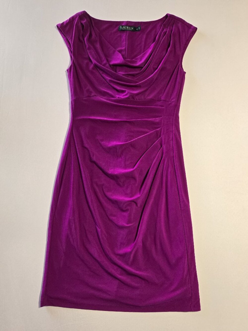 Lauren Ralph Lauren Purple Cowl Neck  Ruched Sheath Dress Size 6P Cocktail